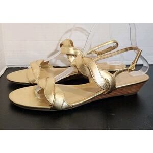 Talbots CAPRI TWIST MINI WEDGE SANDALS Gold METALLIC LEATHER Size 9M‎ Low Heel